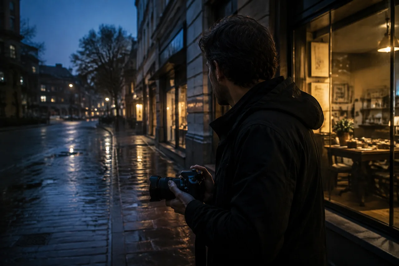 Fotógrafo explorando uma rua iluminada à noite
