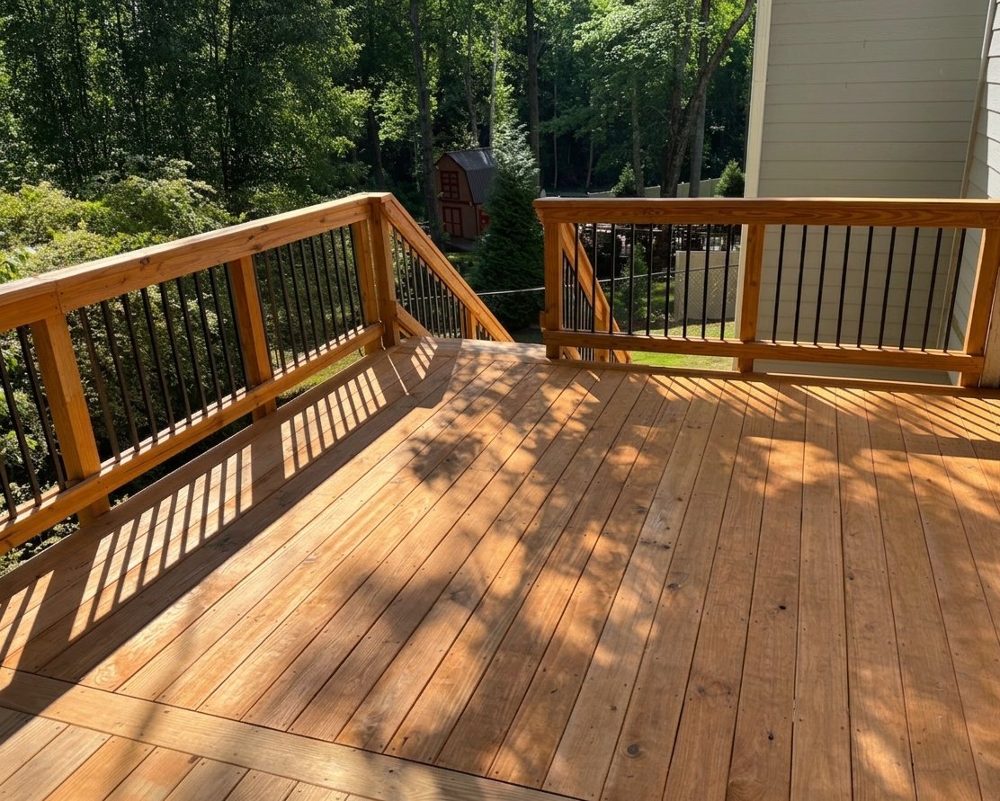 Custom deck railing overlooking woods