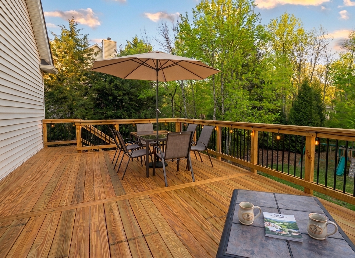 Wide deck with dining set and umbrella