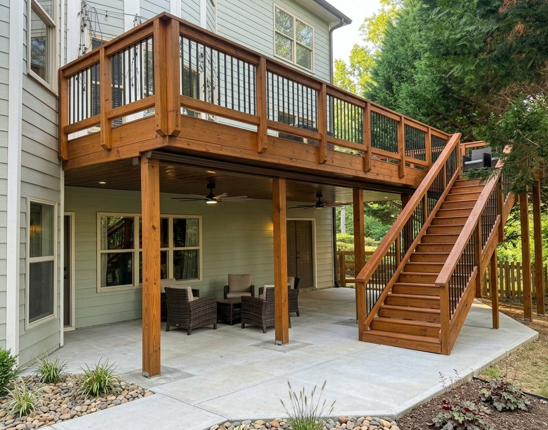Elevated cedar deck with stairs and covered patio