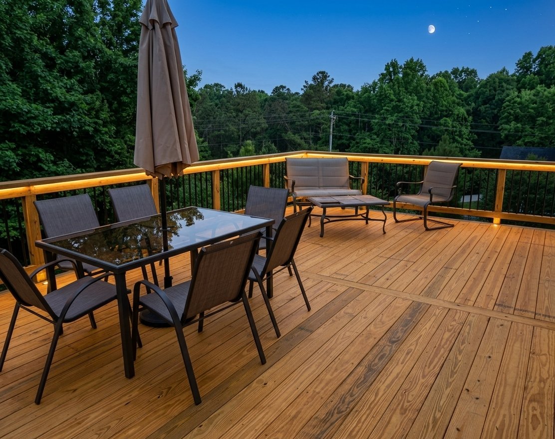 Evening deck with rail lighting and dining set