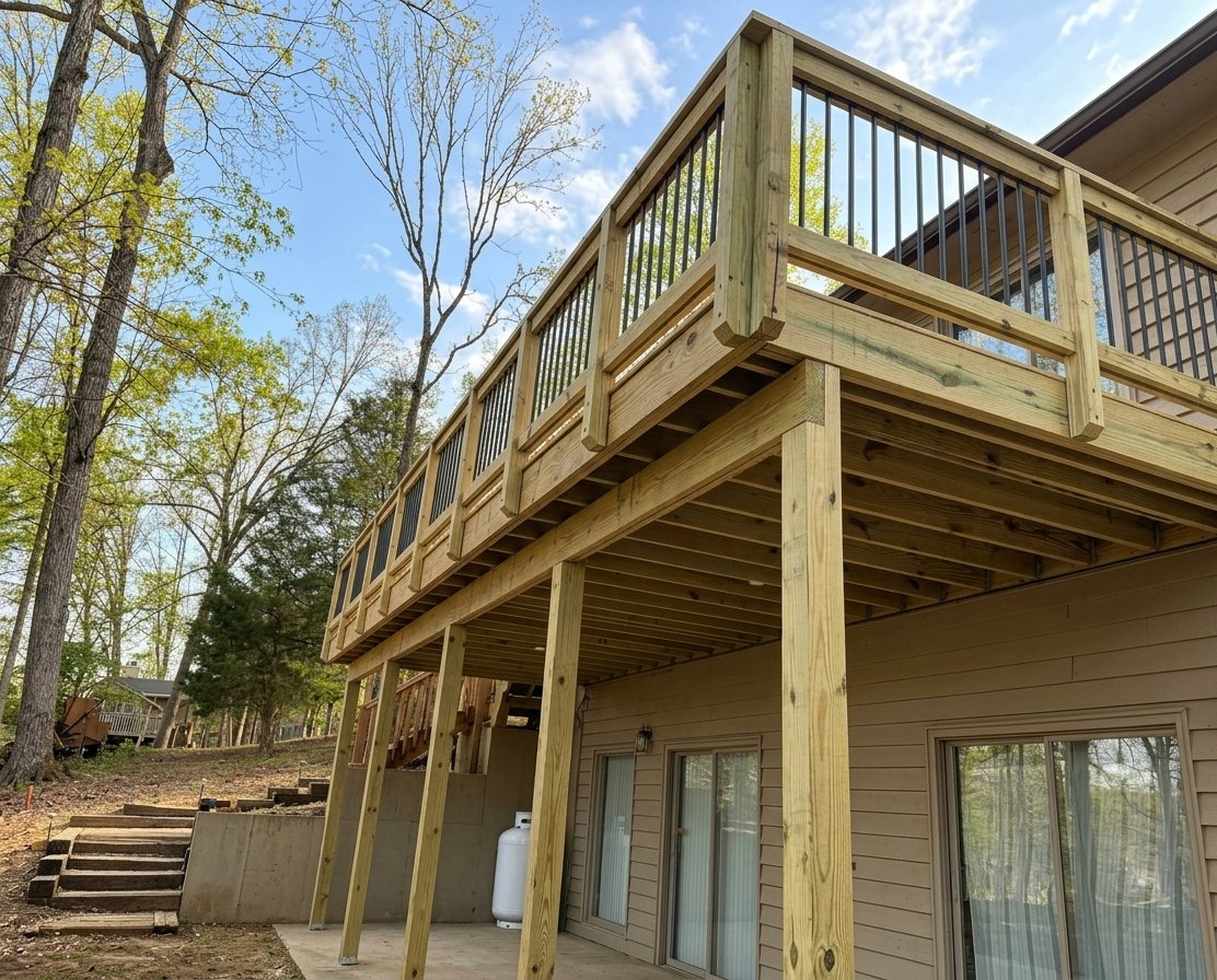Freshly framed elevated deck