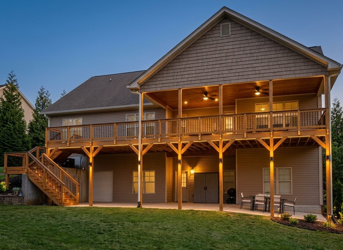 Two-story covered deck lit at twilight