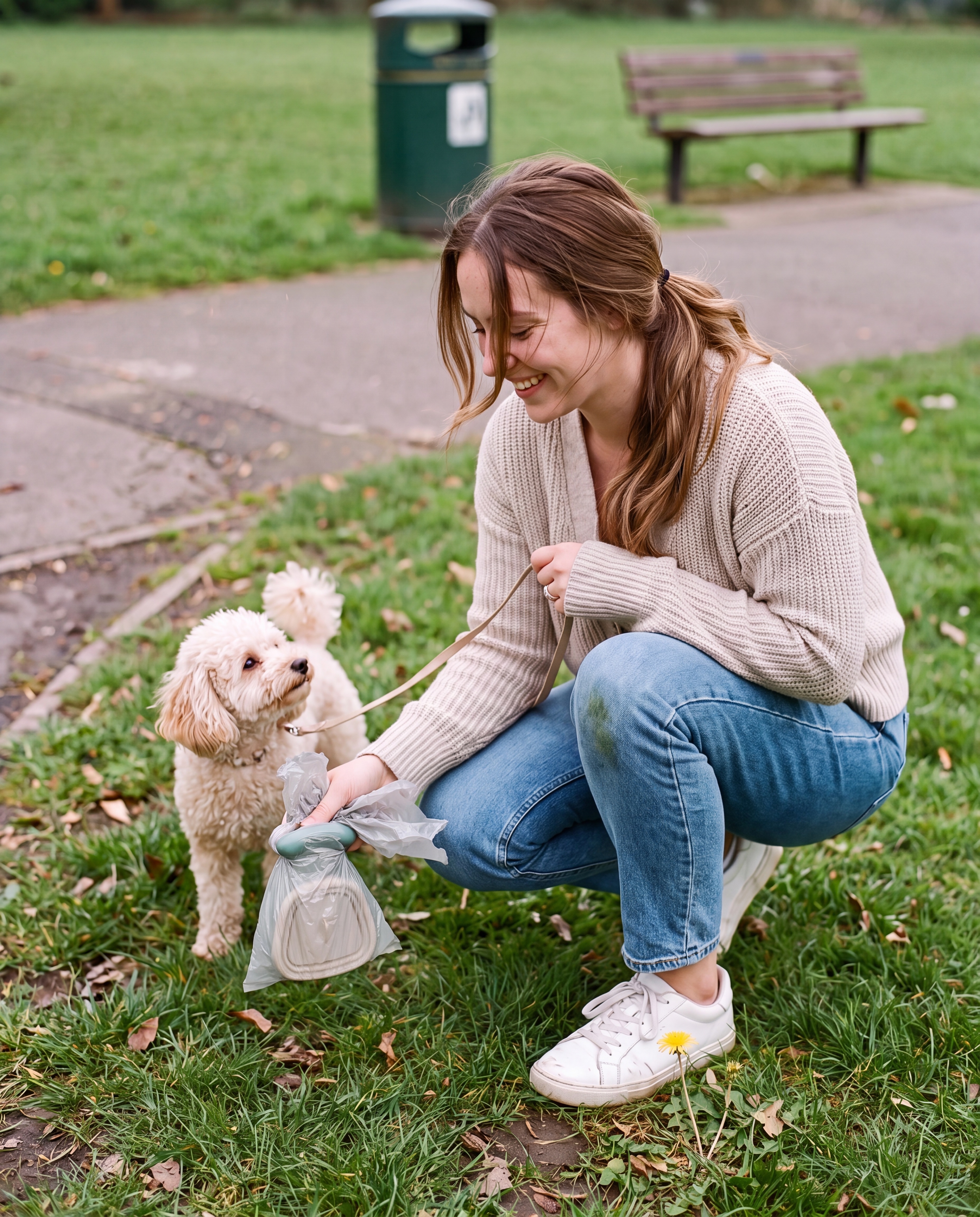 Woman smiling down at her dog while using Scoopy to pick up waste in the park