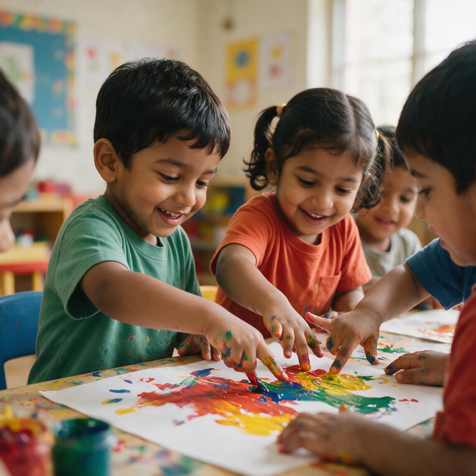 Children finger painting at Little Blossoms Playschool