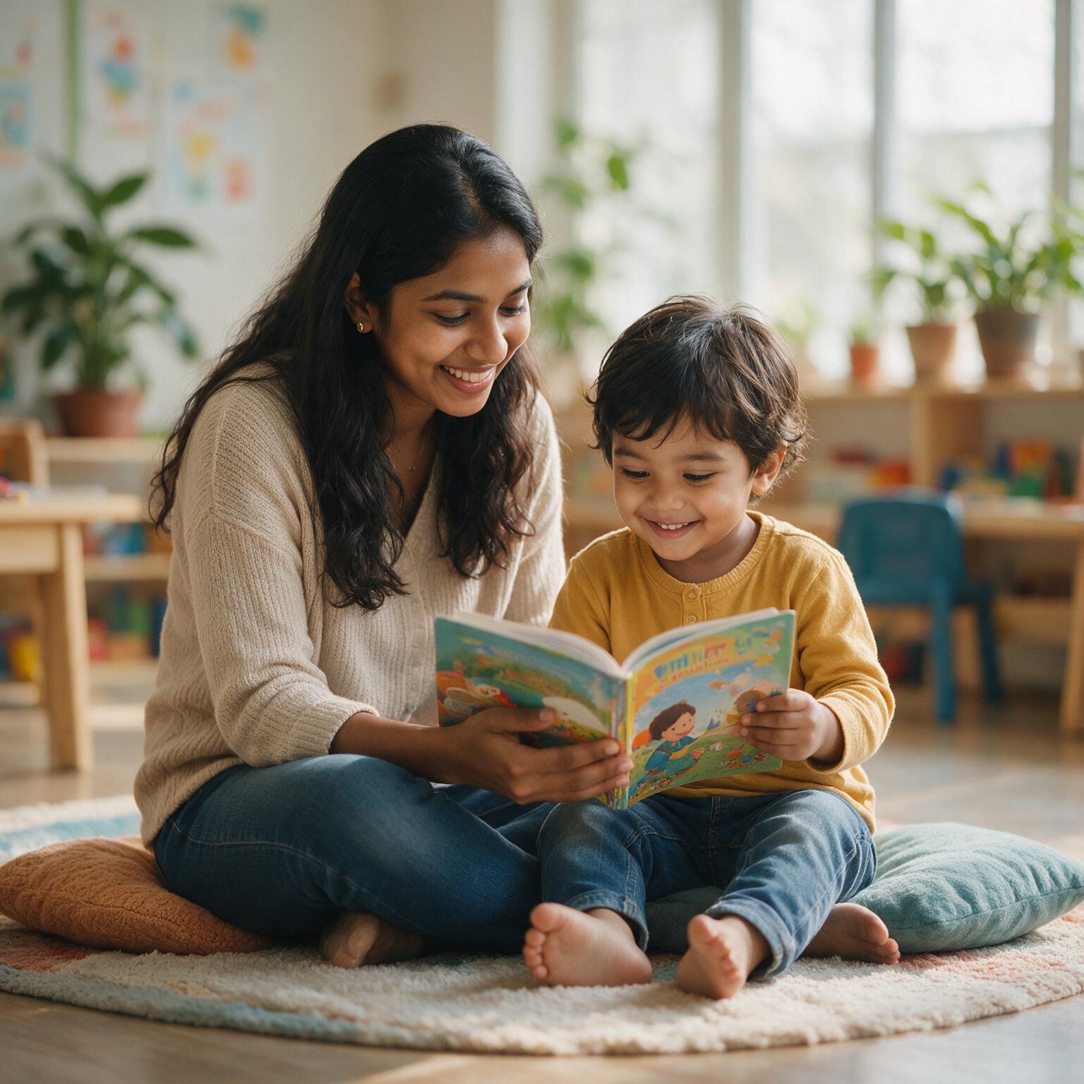 Teacher reading a picture book to a child at Little Blossoms Playschool