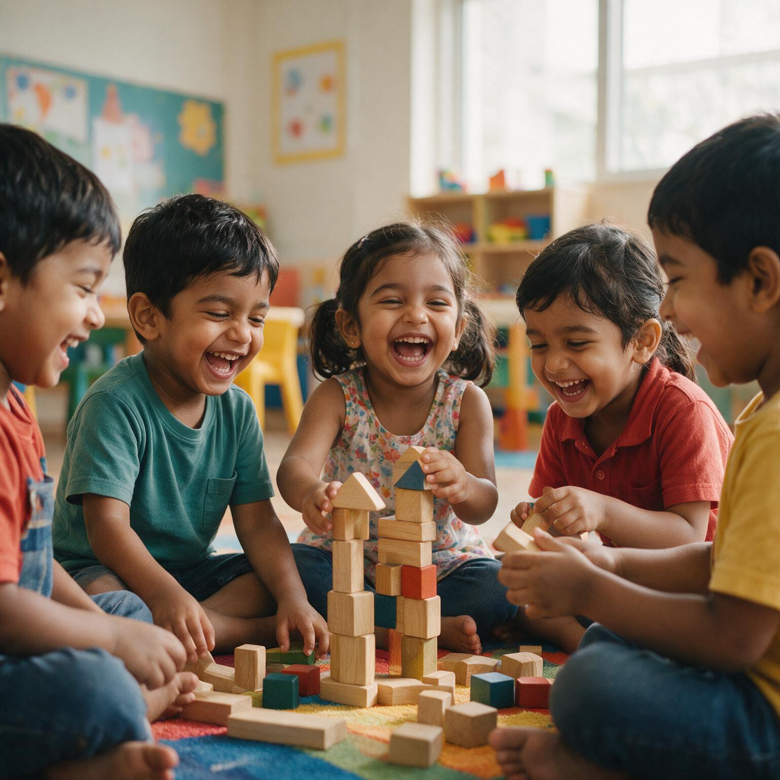 Children playing with wooden blocks at Little Blossoms Playschool Maduravoyal
