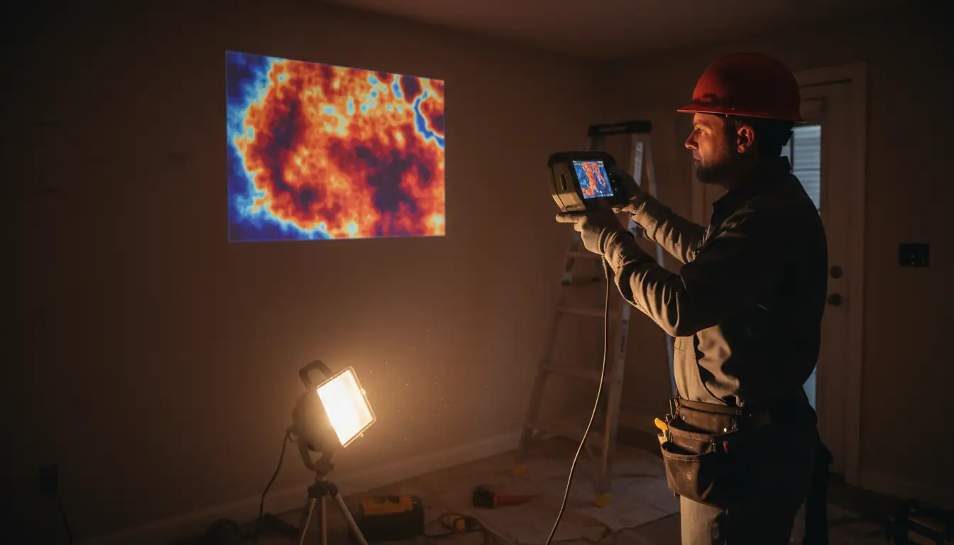 Technician scanning a wall with a thermal imaging camera to trace hidden moisture