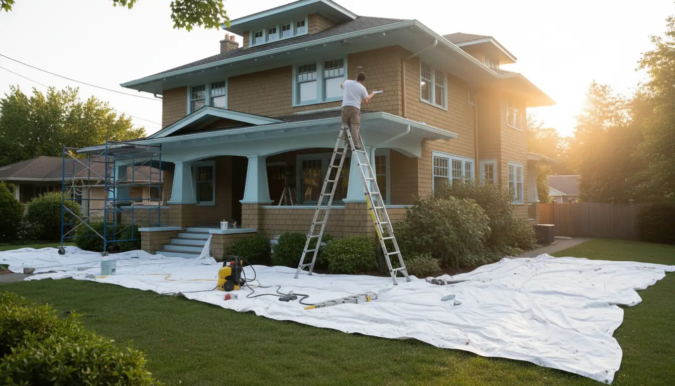 Two-storey home being repainted at golden hour with ladders and masked windows