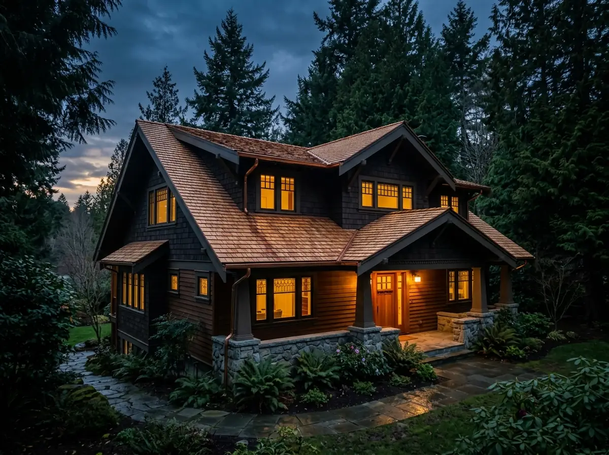 Craftsman home with new cedar shake roof and copper gutters at twilight