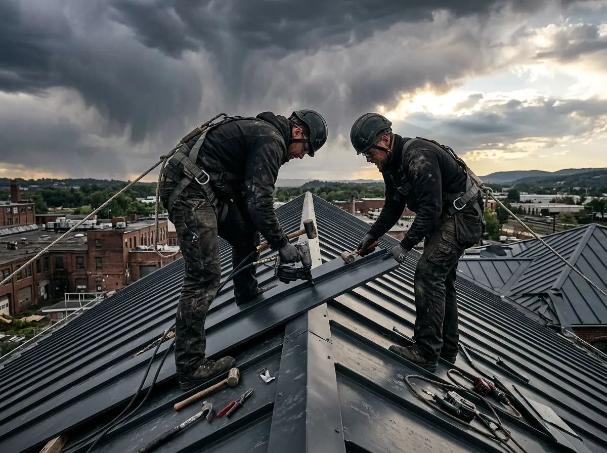 Summit crew installing metal roofing panels under a clearing storm sky