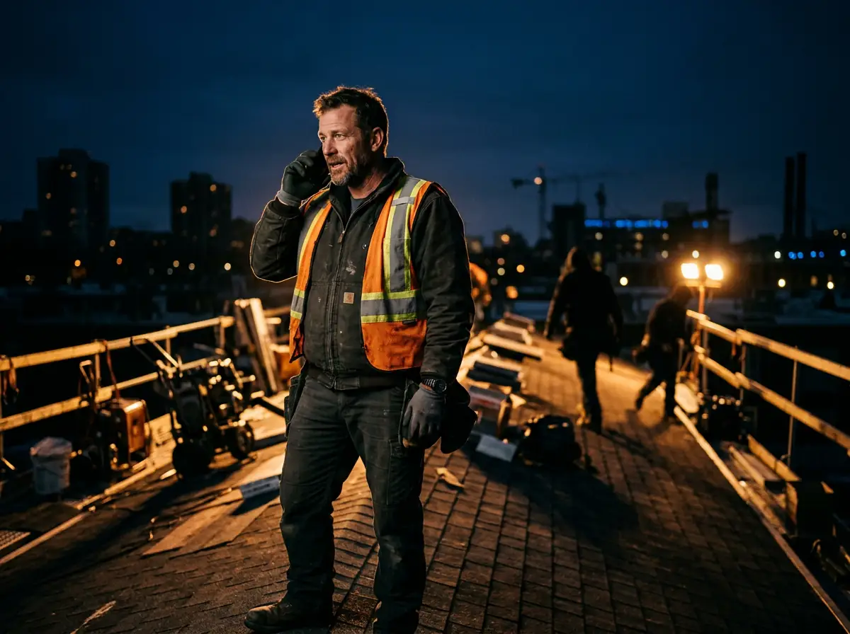 Contractor answering a phone call on a job site at dusk
