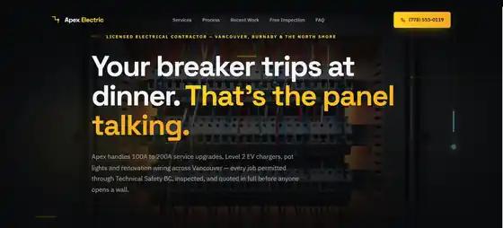 Apex Electric demo site — electrical panel hero with an animated circuit trace