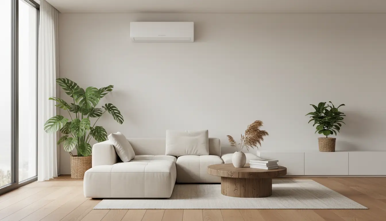 Minimalist living room with a wall-mounted ductless mini-split head above the sofa