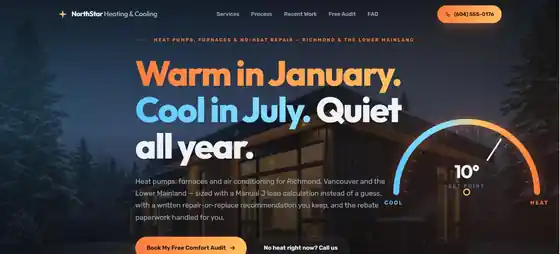 NorthStar HVAC demo site — heat pump hero with an animated temperature dial
