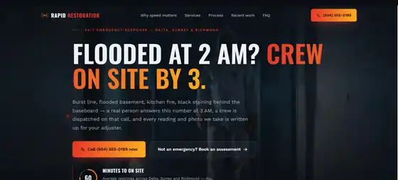 Rapid Restoration demo site — emergency response hero with a live response clock