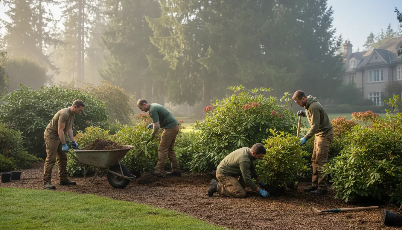 Landscape crew planting mature shrubs in misty morning light