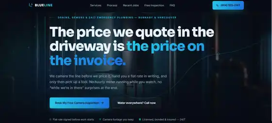 BlueLine Plumbing demo site — flat-rate plumbing hero with an animated waterline