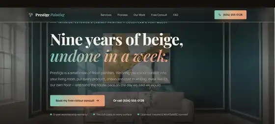 Prestige Painting demo site — painted interior hero with a colour-swipe reveal