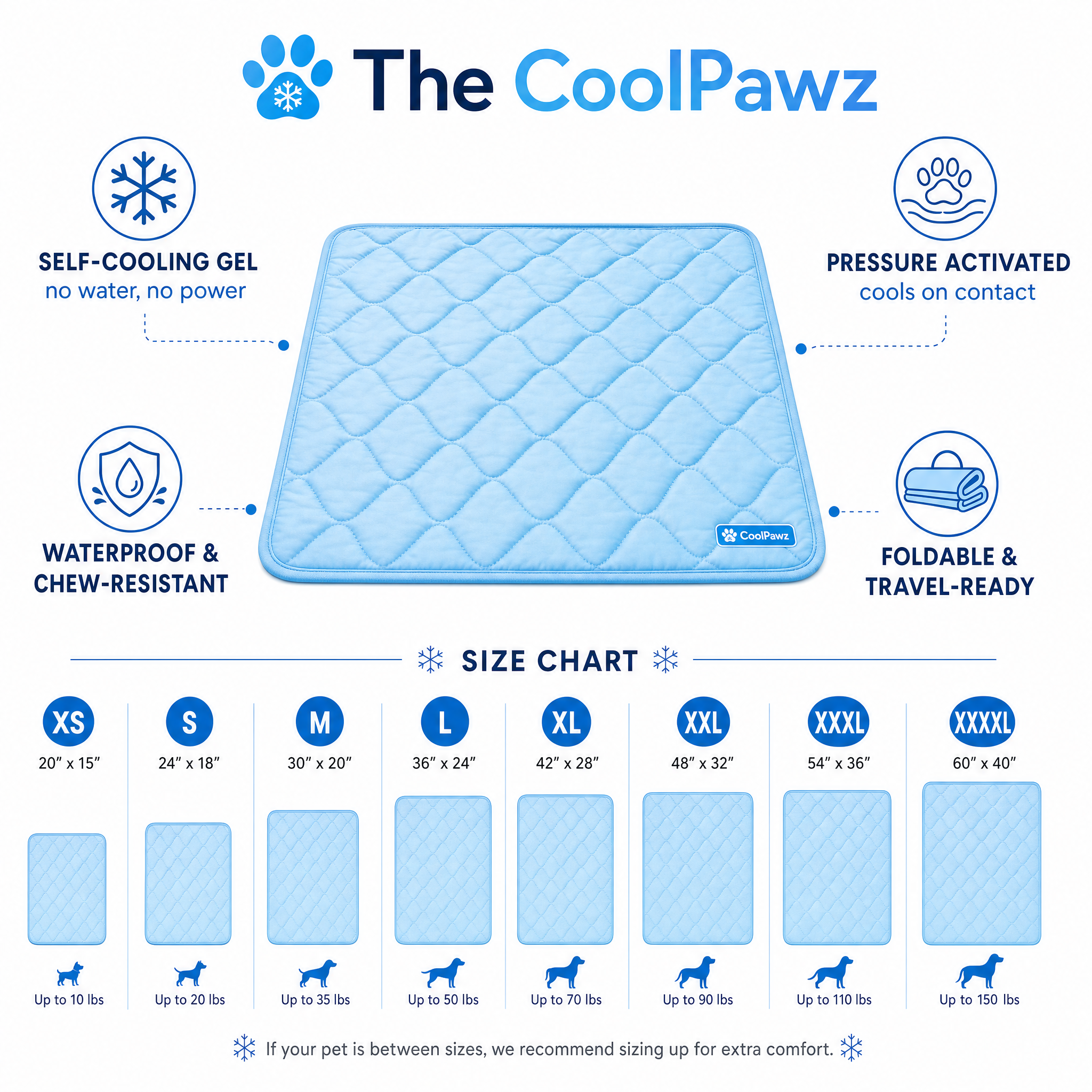 The CoolPawz features and size chart