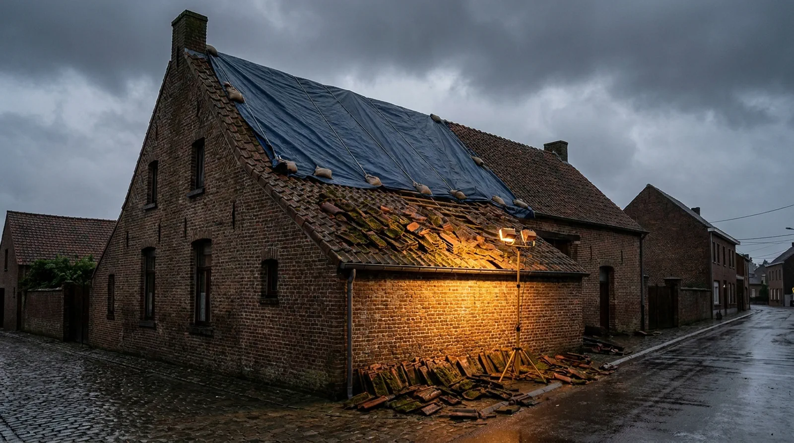 Beschadigd dak van een oude woning na een storm, met verschoven en gebroken dekking