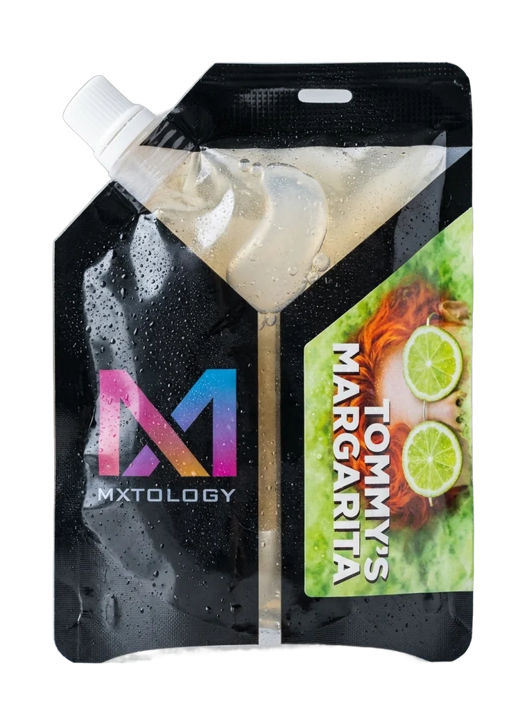 Anatomy of a MXTOLOGY Tommy's Margarita cocktail pouch — resealable white screw cap, clear window showing the cocktail, and a hang-hole for the lanyard