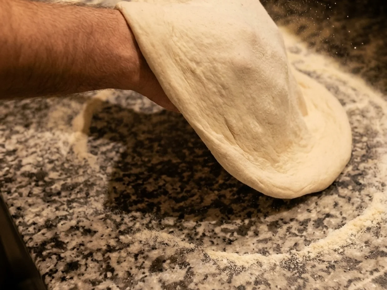 Die Hände des Pizzaiolo kneten den Teig