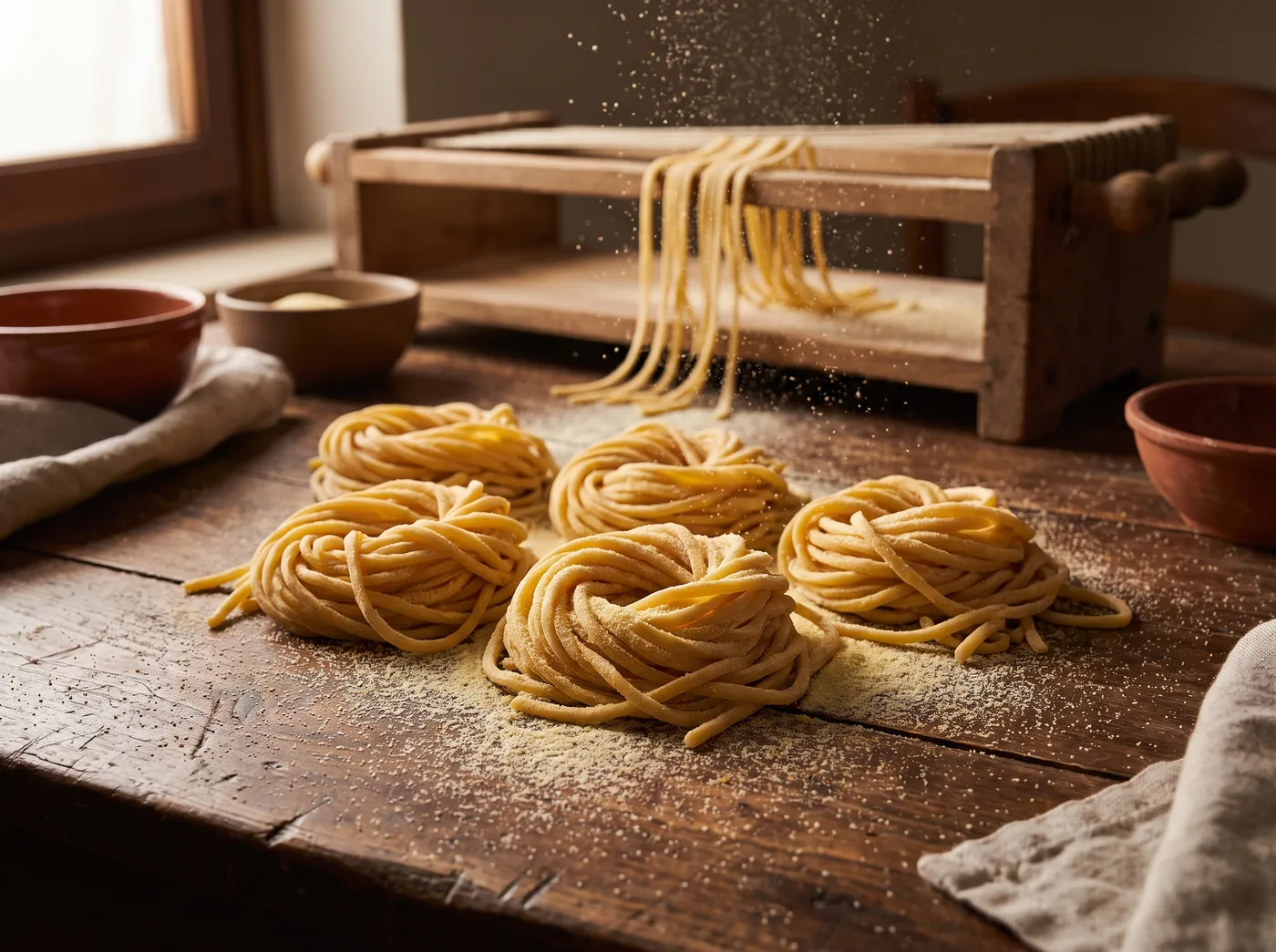Nester hausgemachter Chitarra-Pasta auf dem Holztisch