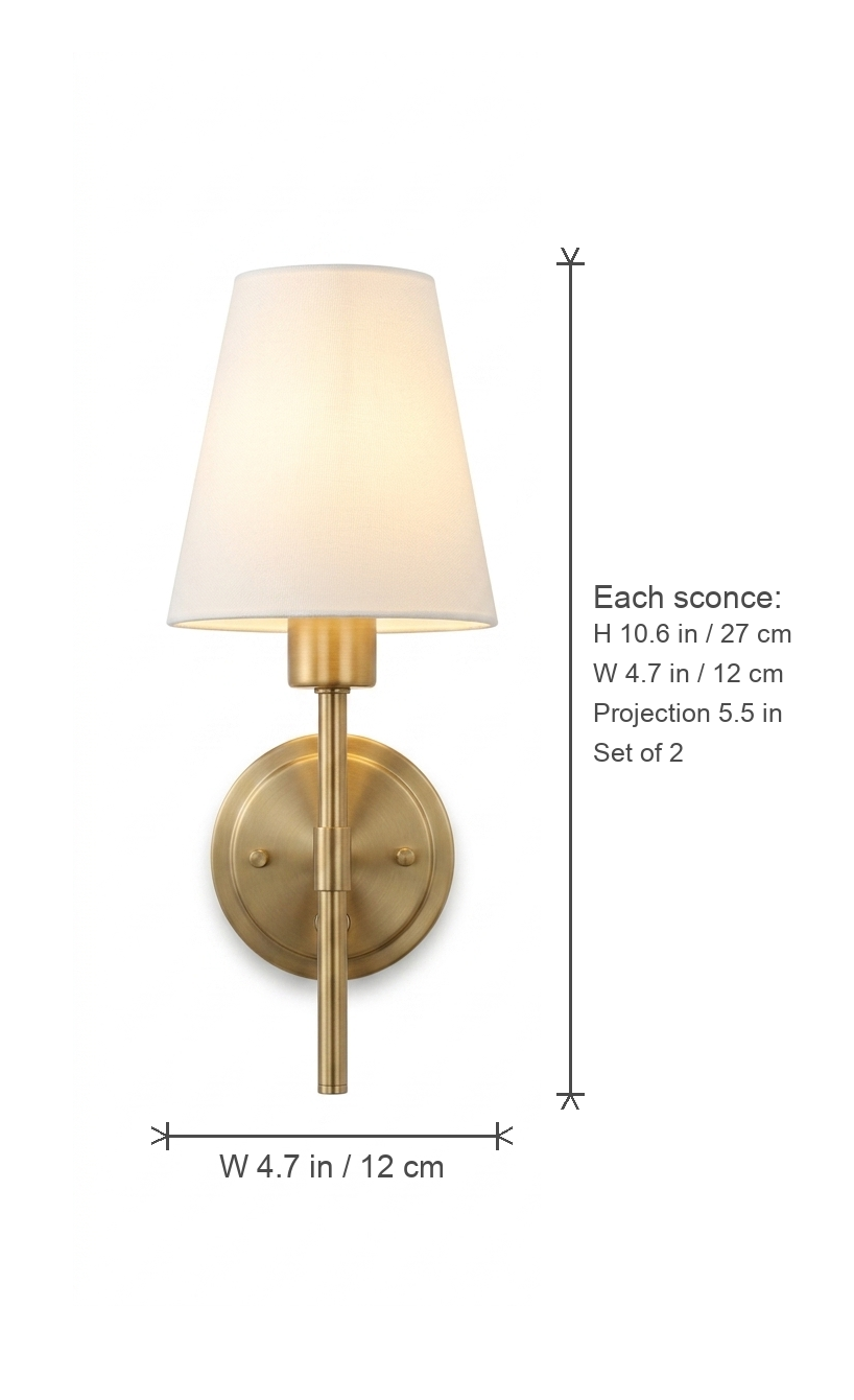 Veda sconce dimensions diagram — 10.6 in H, 4.7 in W, 5.5 in projection, set of 2