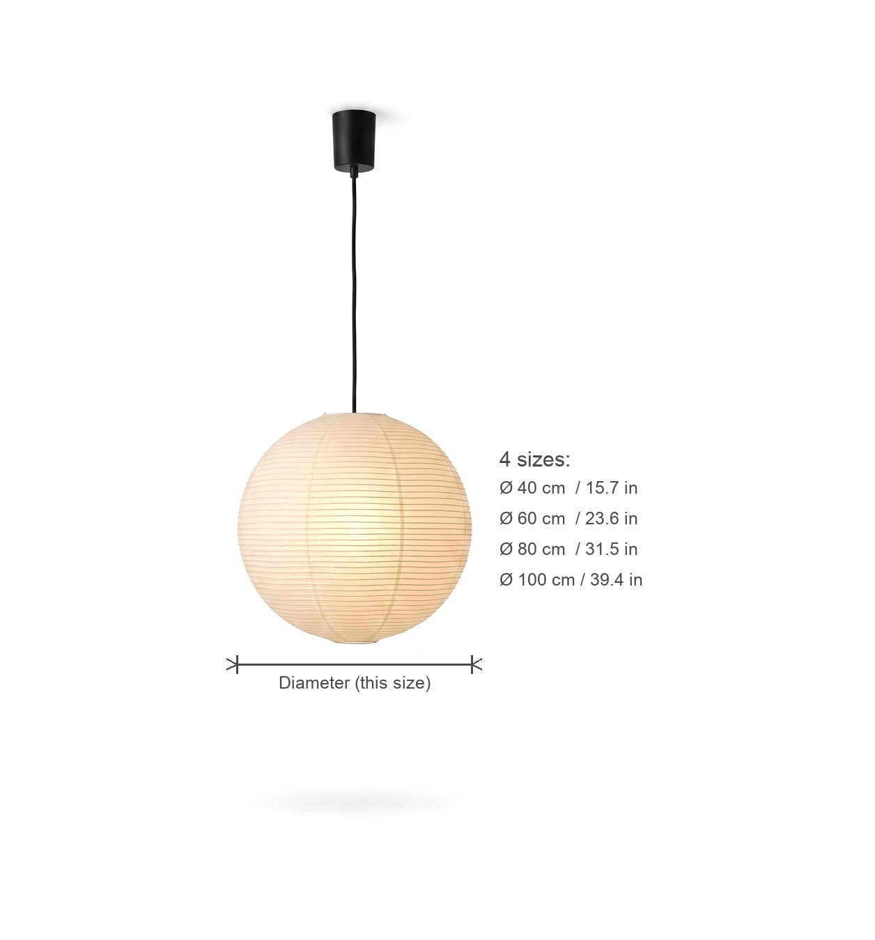 Birk size diagram — 4 sizes Ø 40 / 60 / 80 / 100 cm