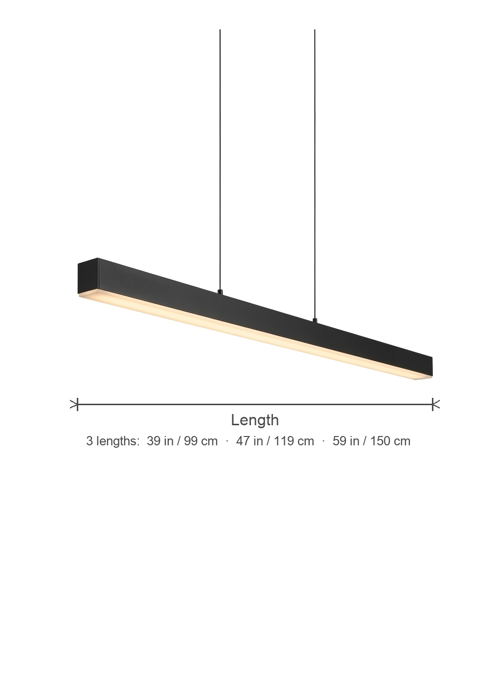 Onyx linear pendant length diagram — 39 / 47 / 59 in