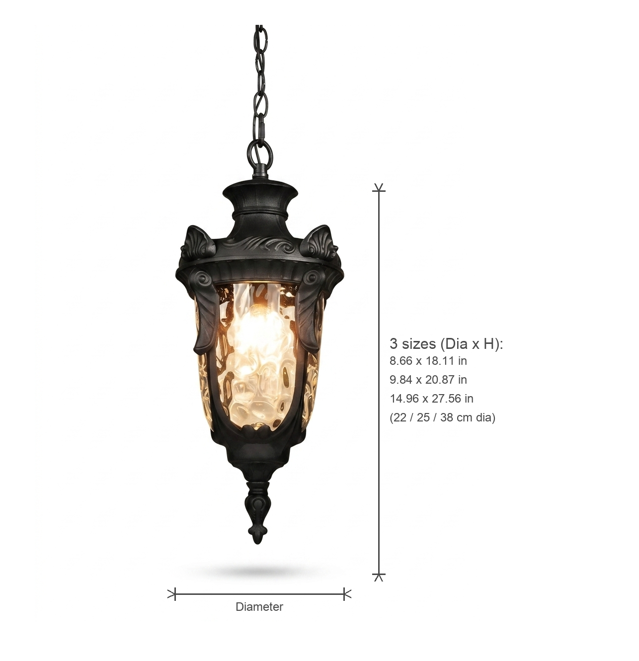 Noa lantern dimensions diagram — 3 sizes