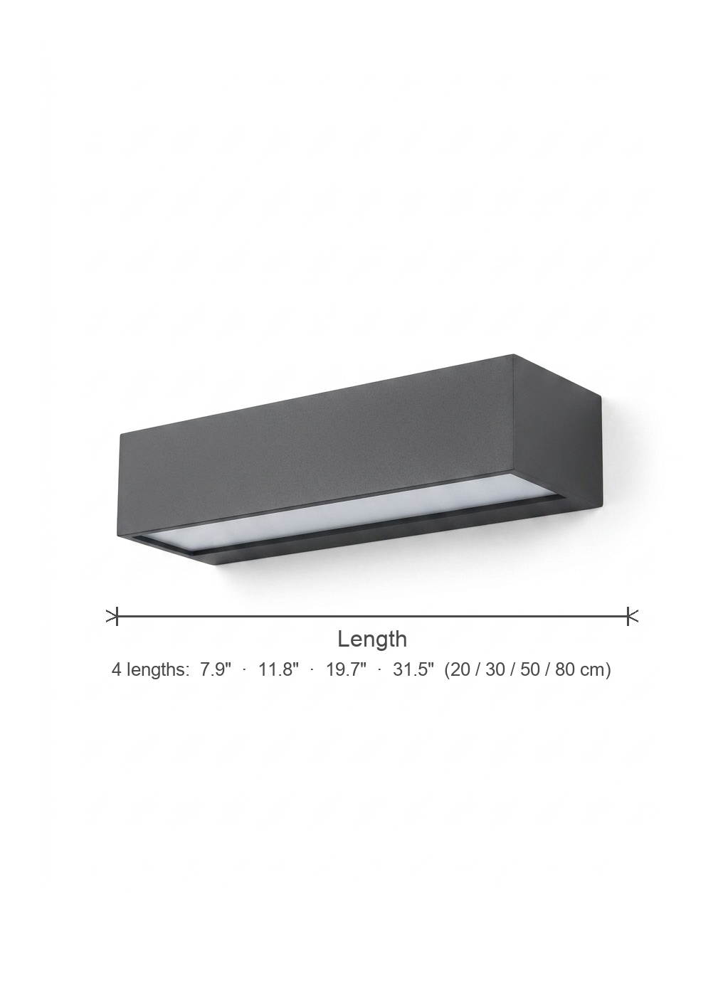 Aveline wall light length diagram — 7.9 / 11.8 / 19.7 / 31.5 in