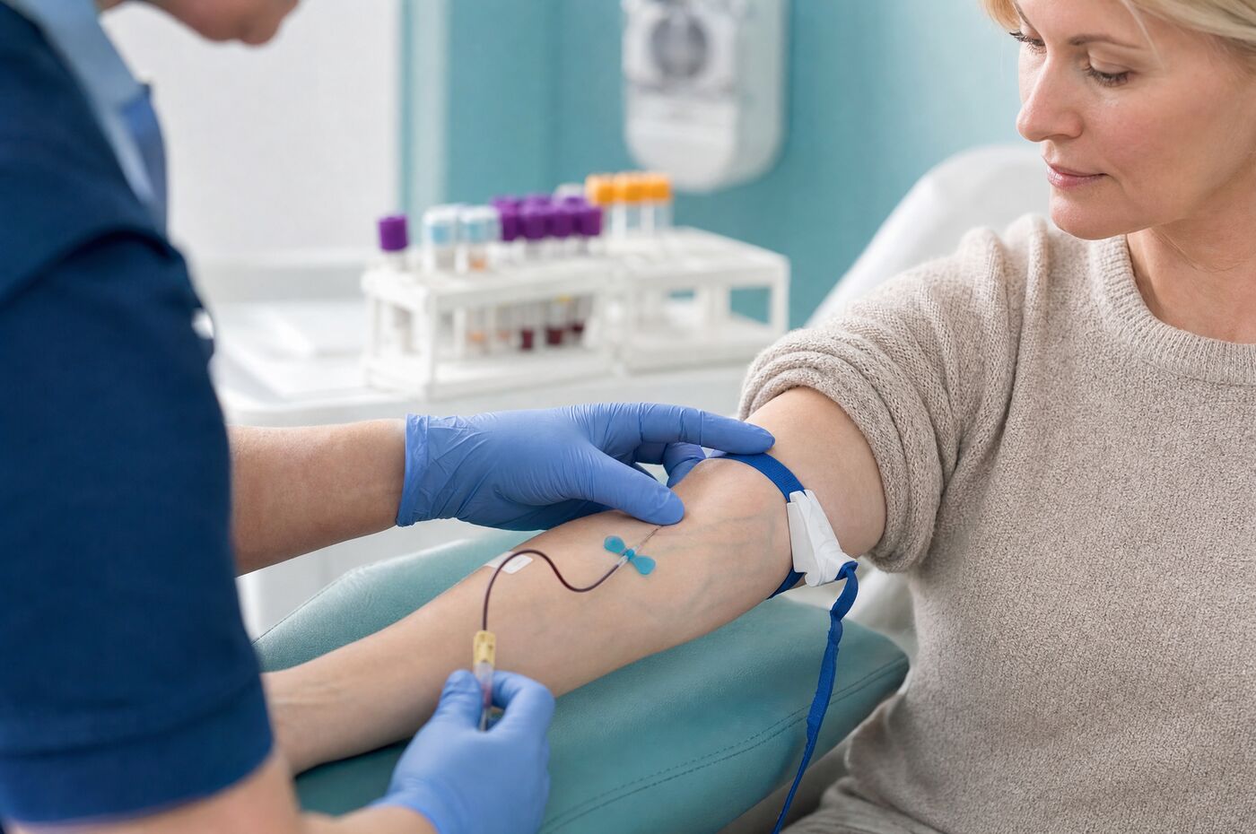 A clinician taking a blood sample from a patient's arm in a bright clinic room
