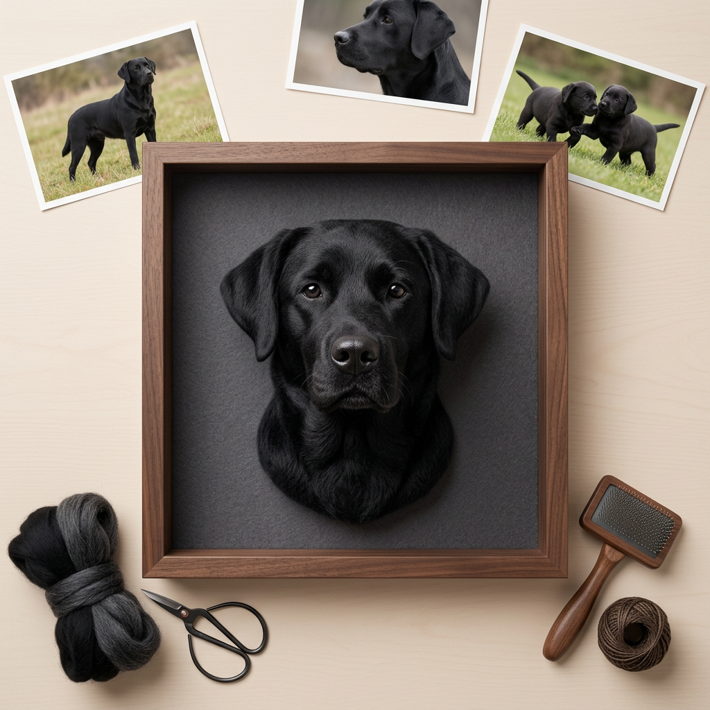 Felted black labrador frame beside the photos it was made from