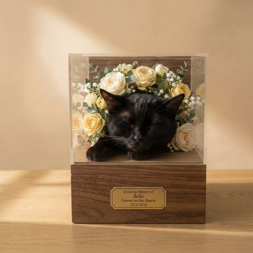 A Forever Home keepsake for a black cat, at rest among cream roses