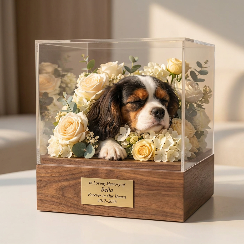 The Forever Home for Bella, a felted cavalier at rest among preserved flowers