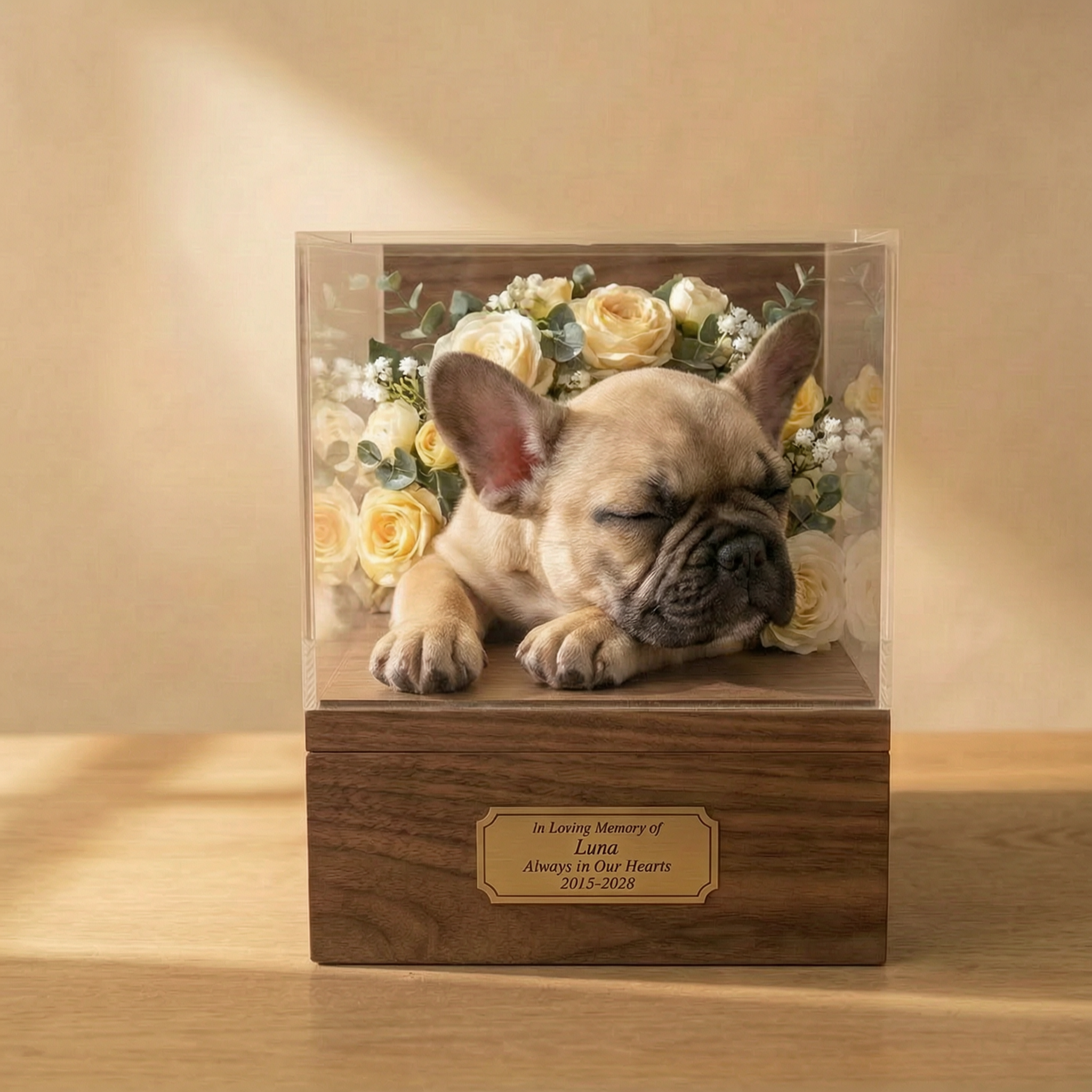 The Forever Home, a felted French Bulldog at rest among roses in an acrylic case on walnut