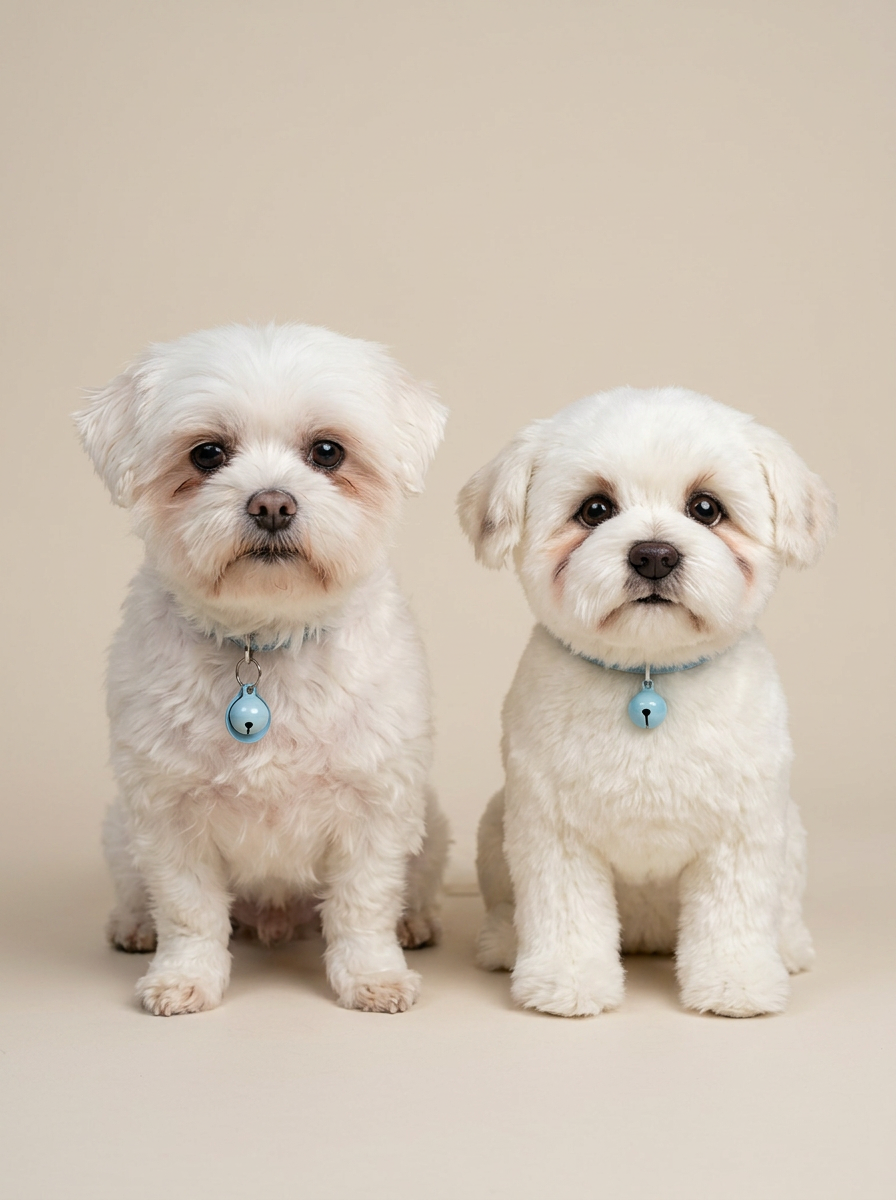 A real maltese beside its lifelike Twinnie twin