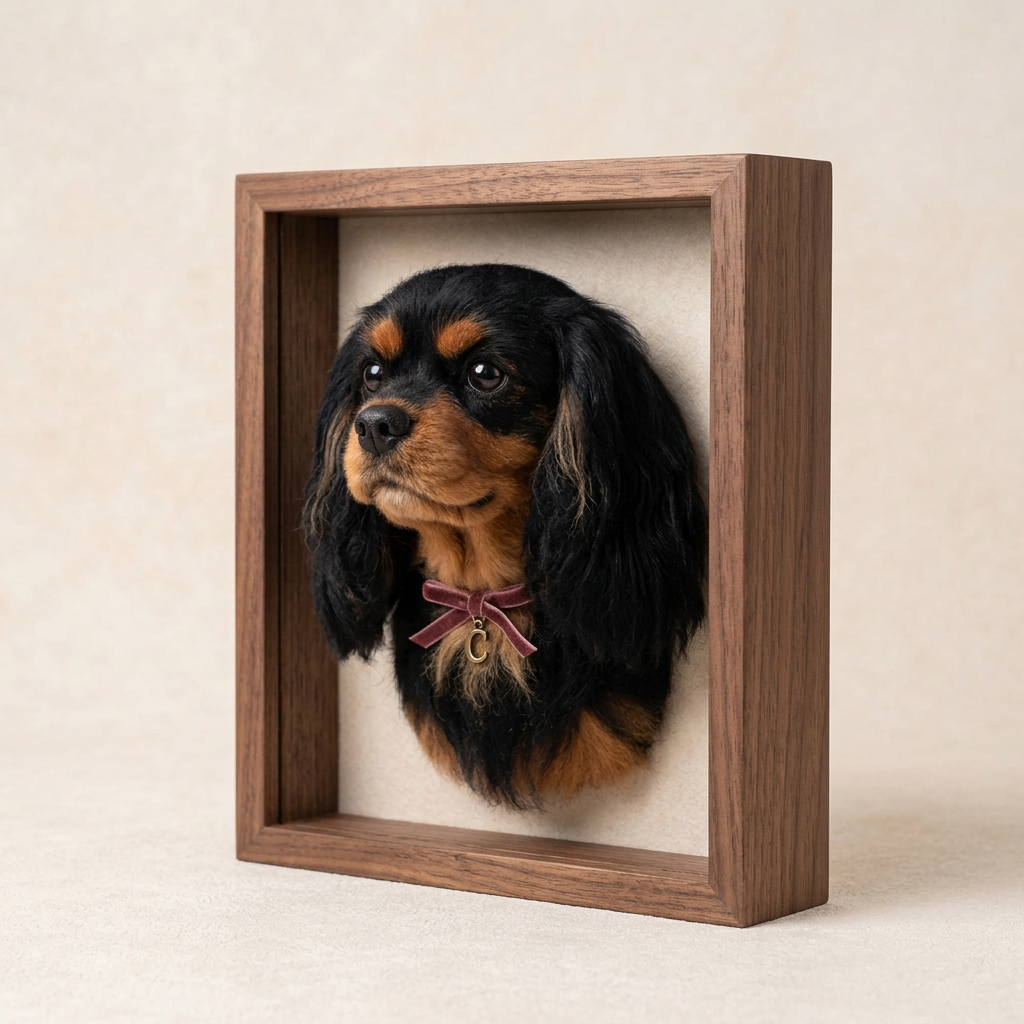 Framed felted black and tan cavalier portrait