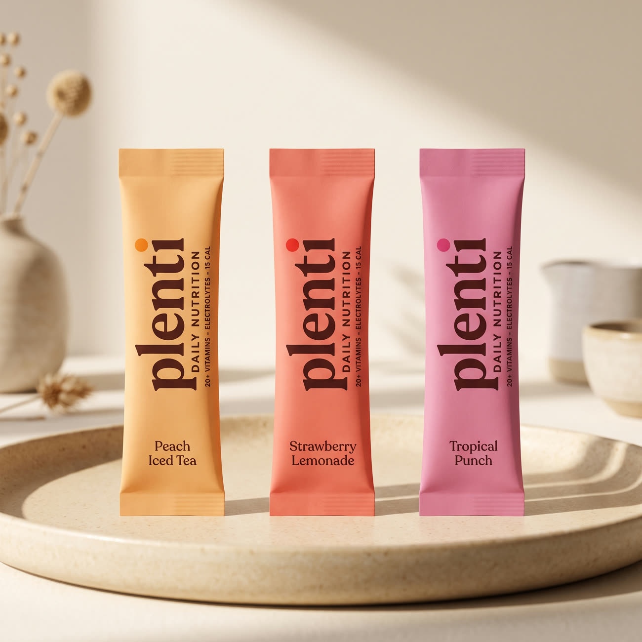 Plenti daily nutrition stick packs &mdash; Strawberry Lemonade, Peach Iced Tea, Tropical Punch