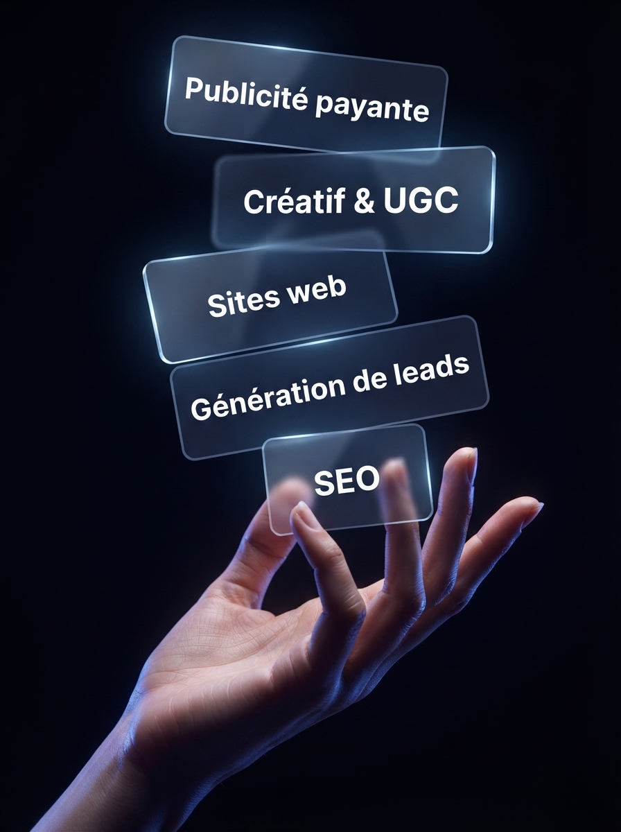 Nos services : Publicité payante, Créatif & UGC, Sites web, Génération de leads, SEO
