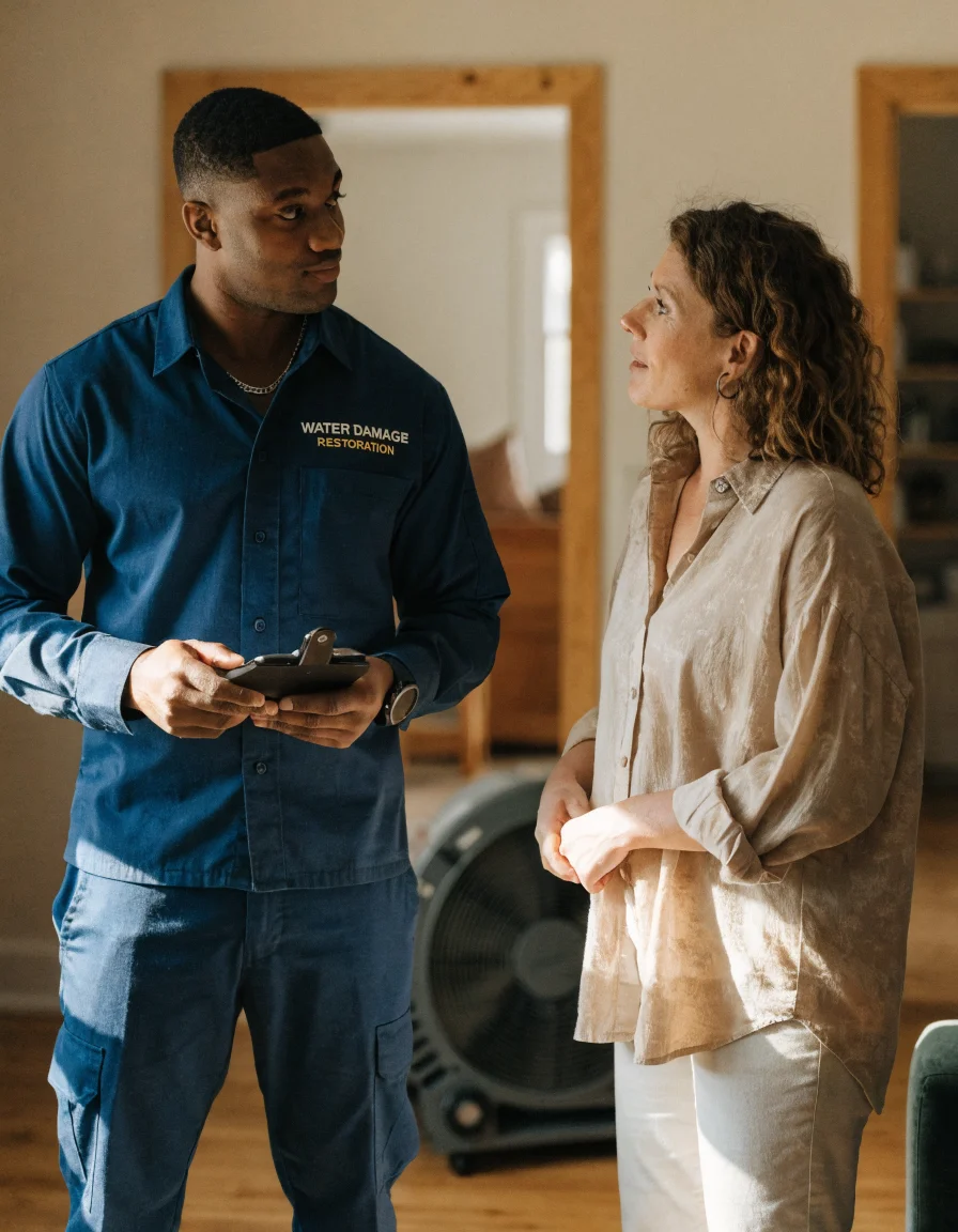 Water damage restoration technician talking with a homeowner inside a home