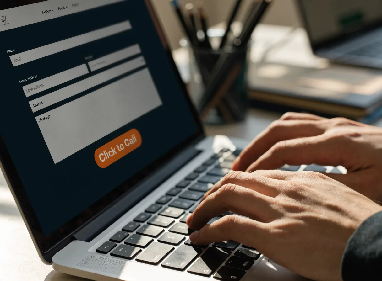 Laptop displaying a website contact form and click-to-call button
