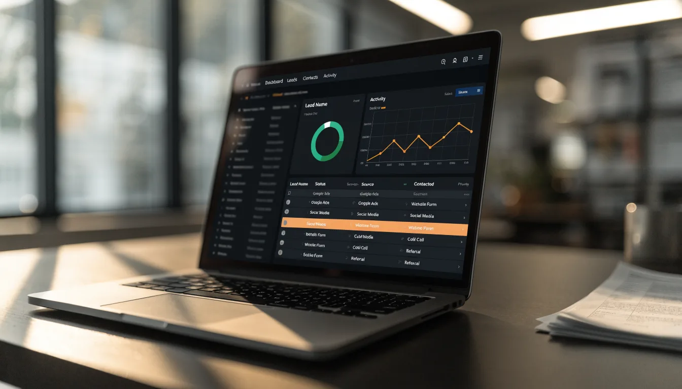 Laptop screen displaying a lead-tracking dashboard with performance charts