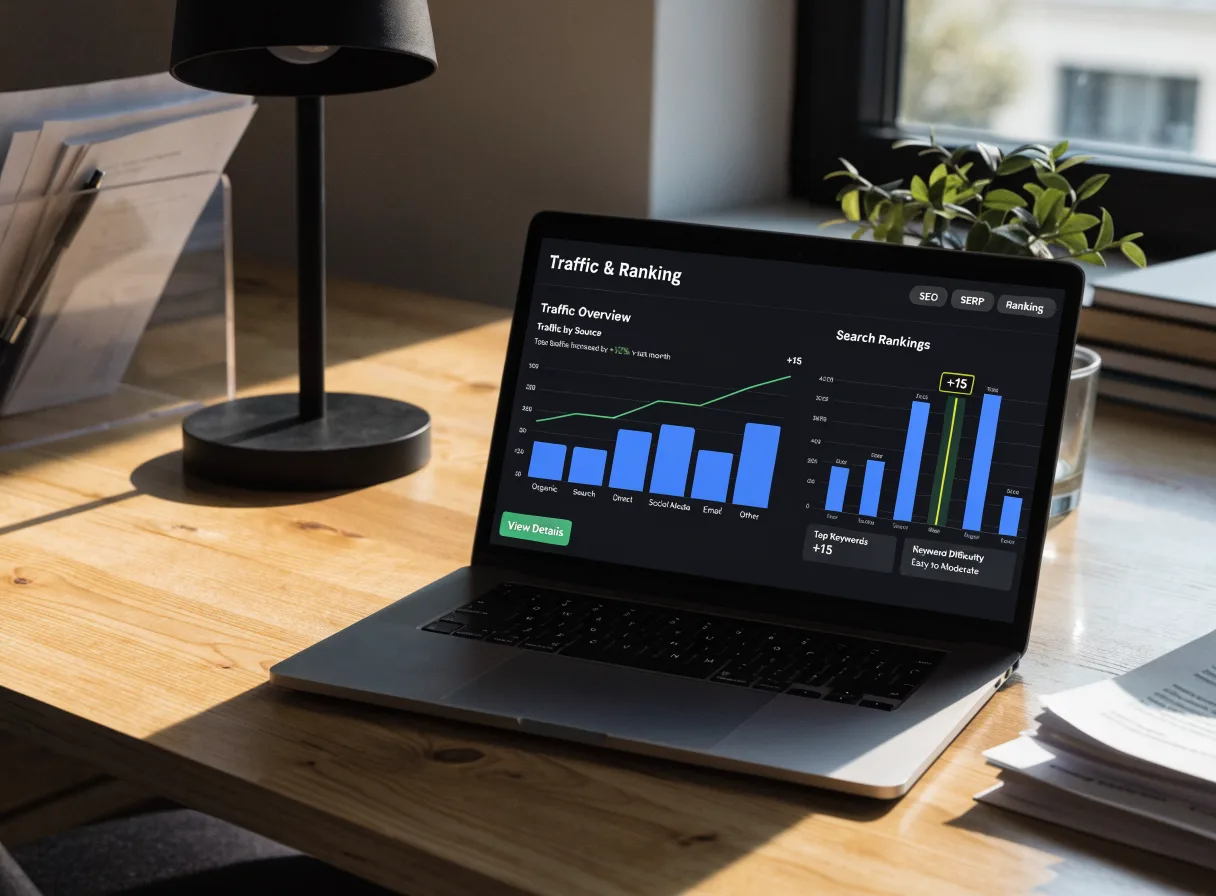 Analytics dashboard on a laptop screen showing website performance and rankings