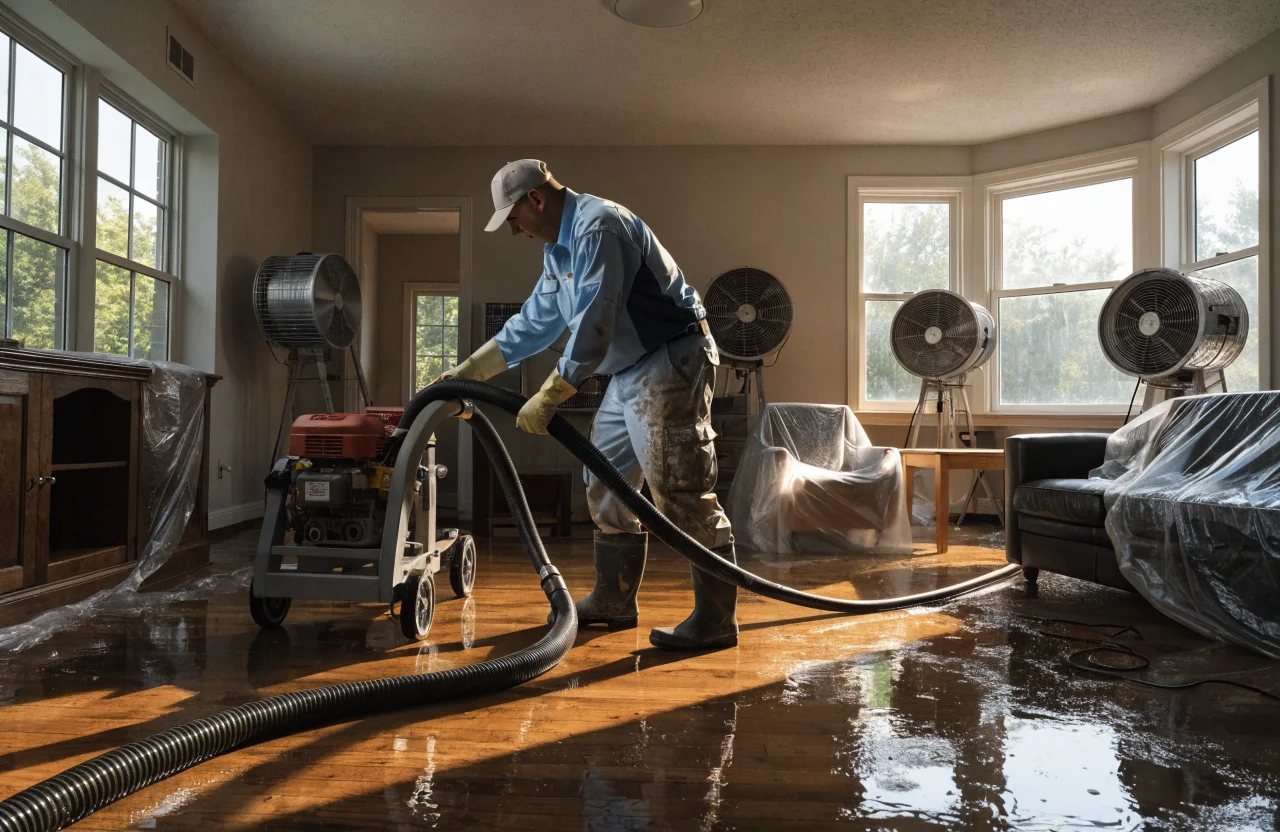 Restoration technician using water extraction equipment on a flooded floor