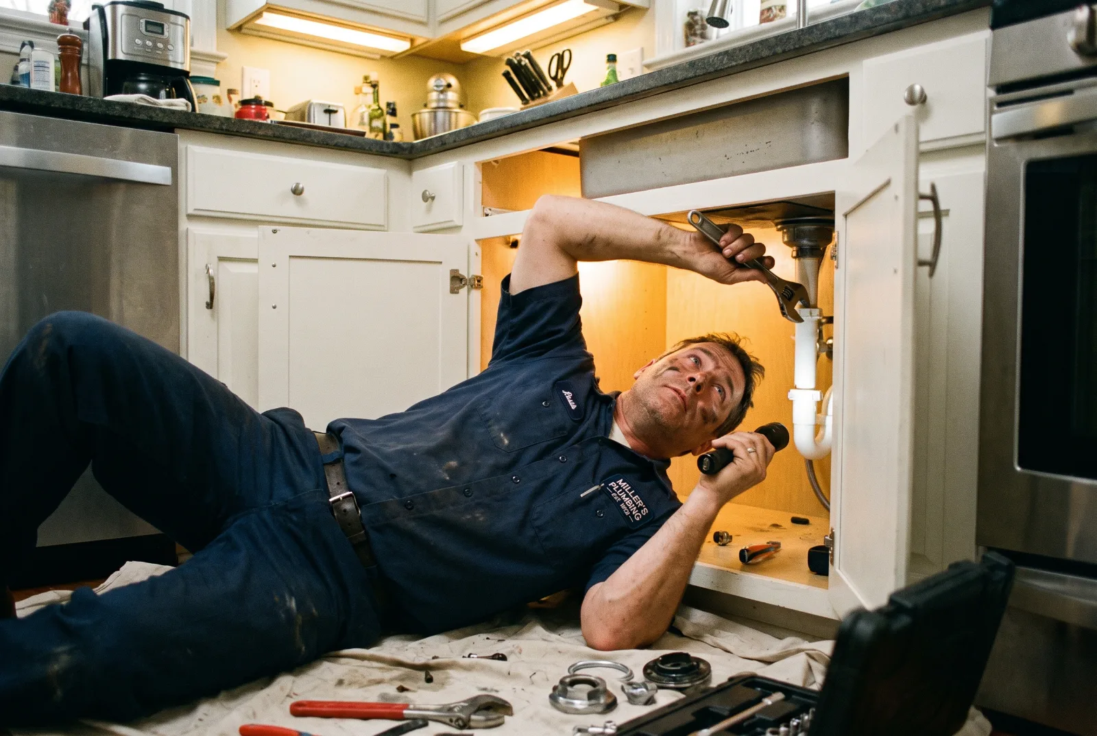 Plumbing technician at work, representing local search visibility for plumbing companies