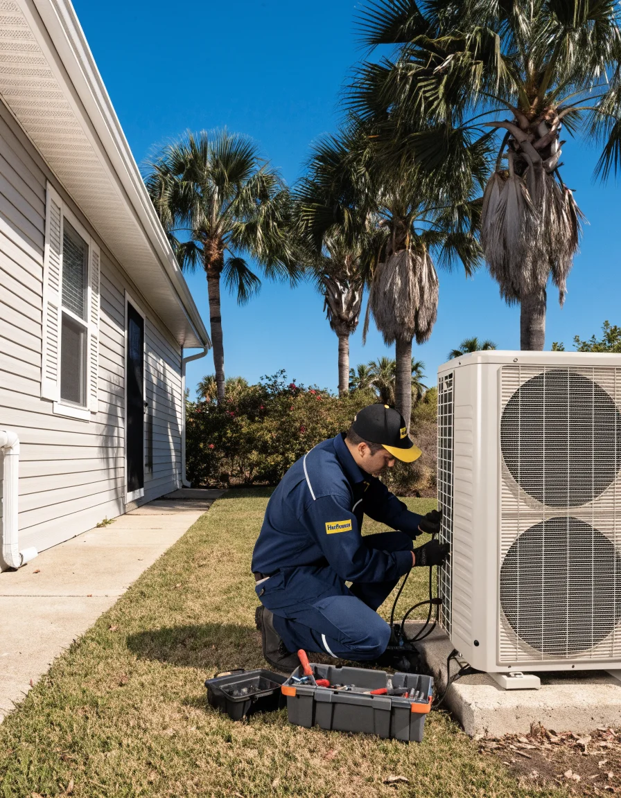 HVAC technician servicing an outdoor AC condenser unit at a Florida home with palm trees visible