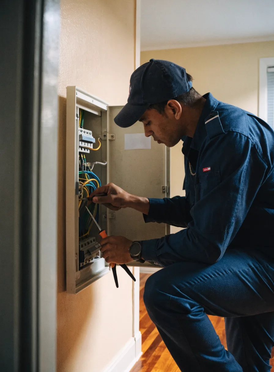 Electrician actively working on an open electrical panel